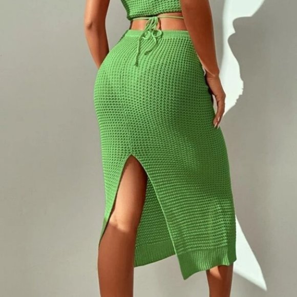 2 piece knit skirt and crop top knit coverup set Green - Picture 13 of 15